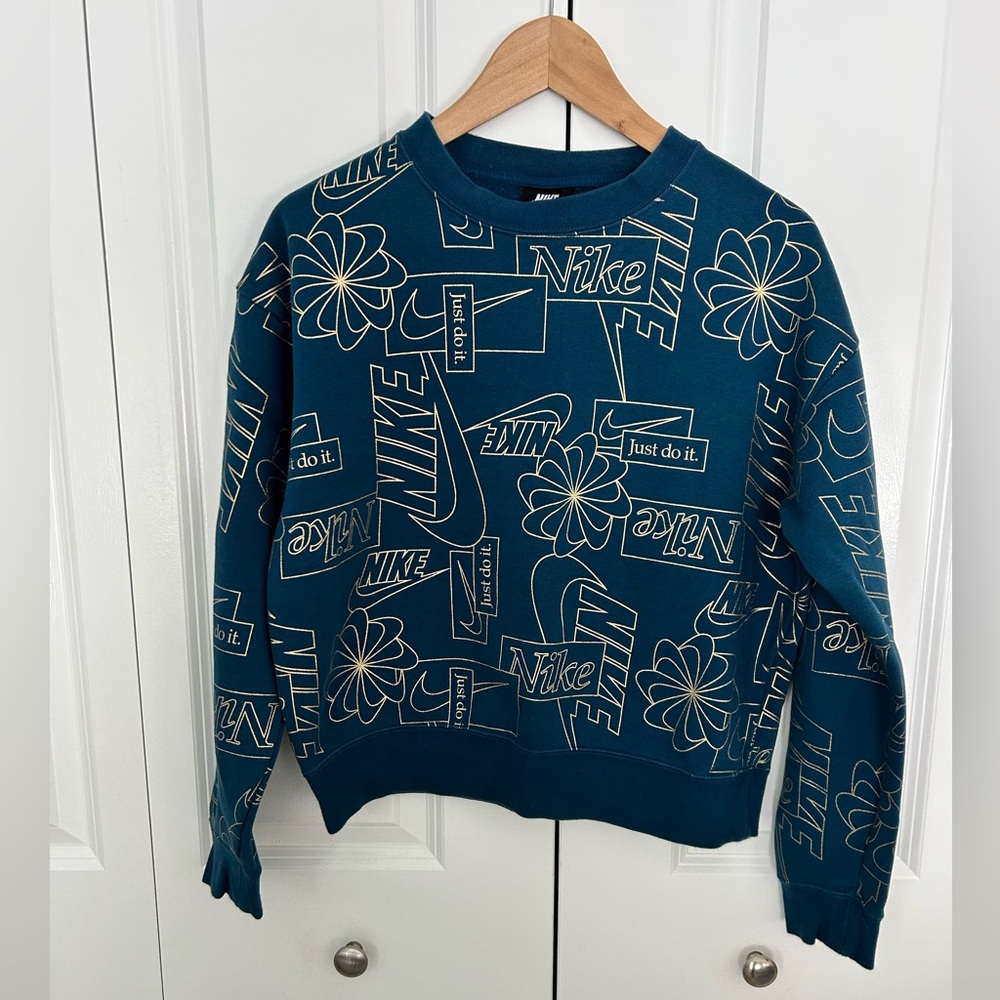 Nike Womens Sportswear Icon Clash Crew Sweatshirt Logo print teal gold - small